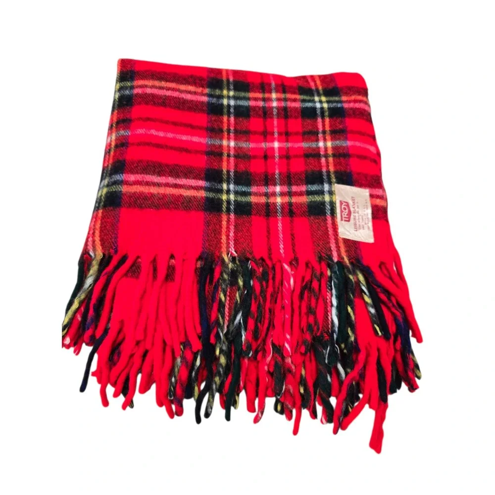 Vintage Troy Leisure Blanket Red Plaid Tartan Fringe Throw Made in USA 51x60